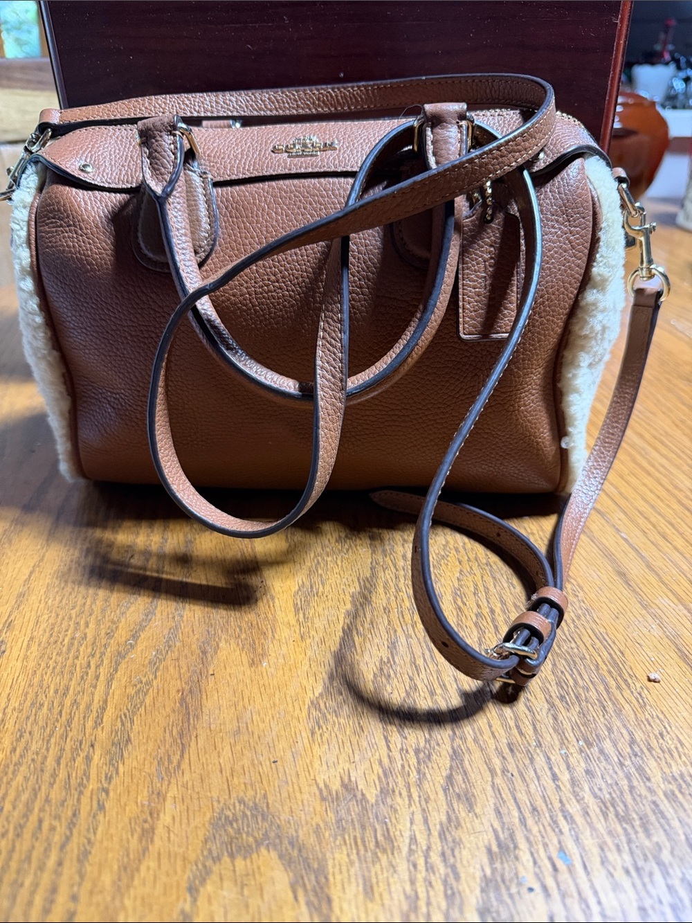 Coach Brown Pebbled Leather Shoulder Satchel with Shearling Trim